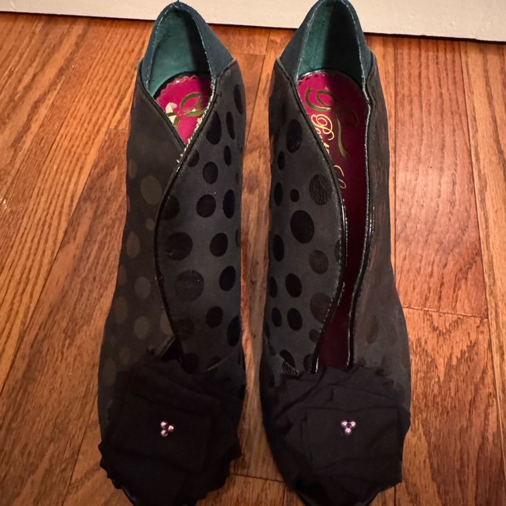 Poetic License Black Polka Dot Heels with Floral Accent